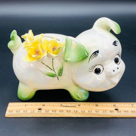 Vintage NORCREST Iridescent Piggy Coin Bank, Green Lusterware, 3D Yellow Flowers - Picture 11 of 12